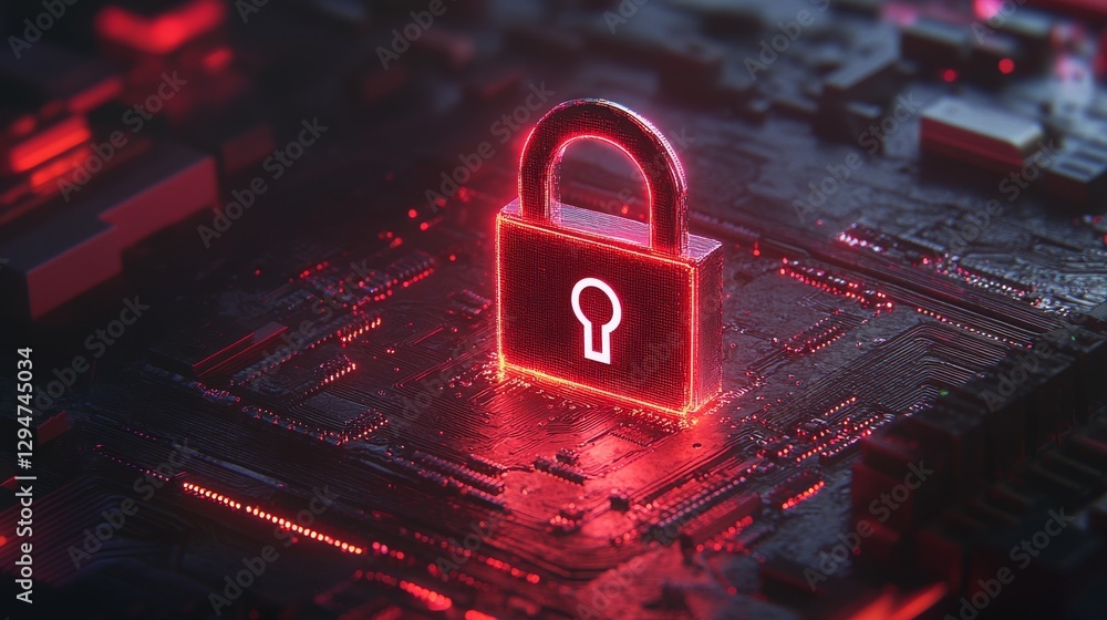 Poster a futuristic ai lock symbol illuminated in neon red, displayed on a wireframe grid circuit board bac