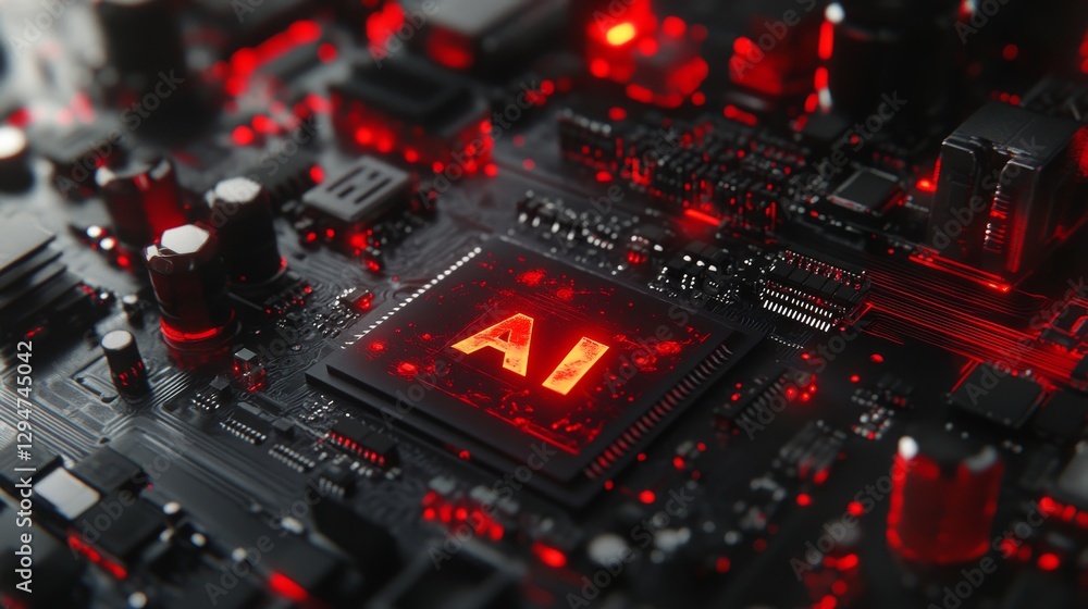 Poster a neon red ai digital computer data chip glowing on a wireframe grid circuit board, symbolizing futu