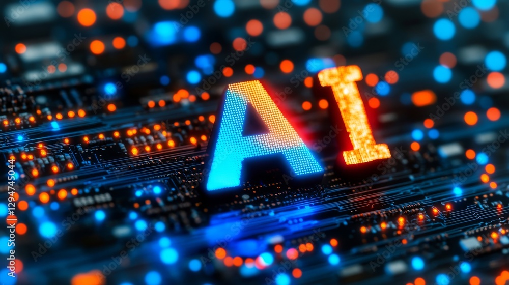 Poster a glowing orange ai data chip in a futuristic digital neon style, set on a wireframe grid circuit bo