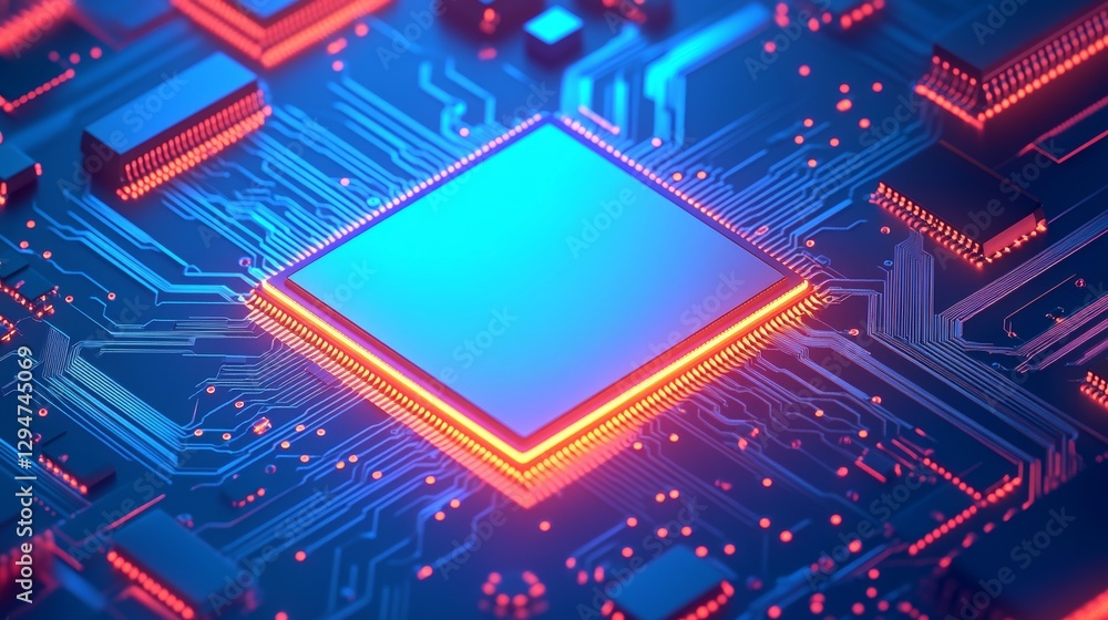 Poster abstract ai processor. futuristic digital data handling with a neon-lit circuit board in the backgro