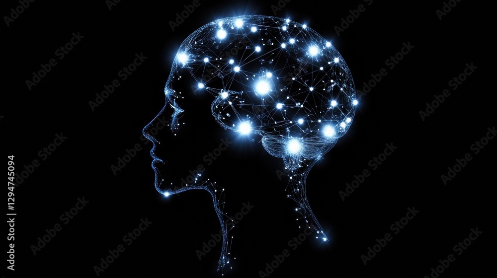 Poster interconnected glowing ai nodes create a cosmic cyberpunk silhouette of a human head with digital fr