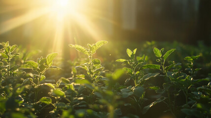 Close-Up of Fresh Herbs Growing in Urban Garden with Sunlight. Concept of Urban Gardening, Freshness, Nature, Sustainable Living. Greenery background
