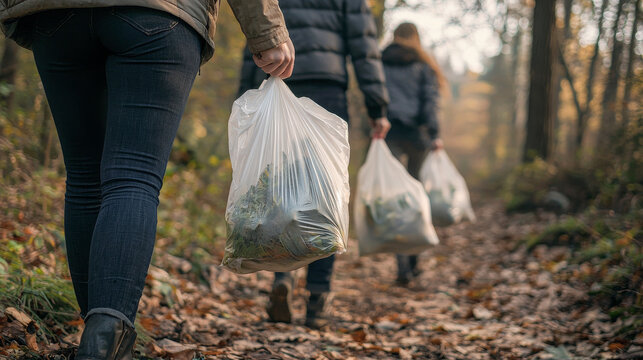Group of volunteers cleaning up litter in forest, carrying plastic bags with collected waste. Concept of environmental conservation, eco activism, community cleanup, nature protection, sustainability