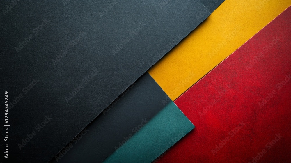 Poster colorful sheets of textured paper in shades of red, yellow, black, and green create a captivating vi