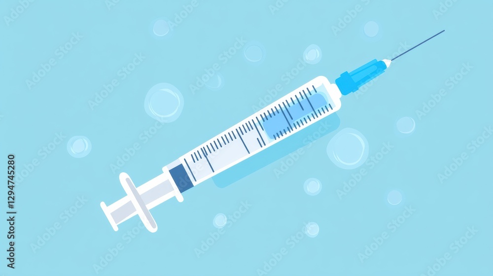 Poster blue background with a detailed syringe floating and bubbles around in a clean, clinical setting oft