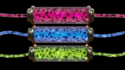 Microbial fuel cell. Glass tubes with glowing plasma energy. Transparent containers with flowing fluids. 3d render illustration. 