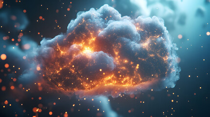 An advanced AI nano cloud glowing with ethereal light as it drifts near a cosmic horizon.