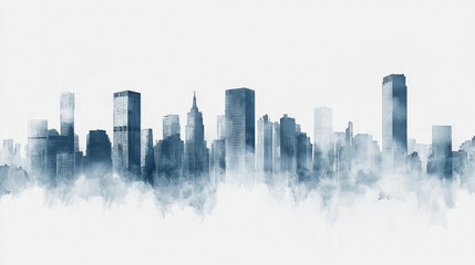 Obraz premium Watercolor illustration of modern city skyline with skyscrapers emerging from mist in monochrome blue tones. Concept of urban landscape, architecture, metropolitan design, contemporary cityscape