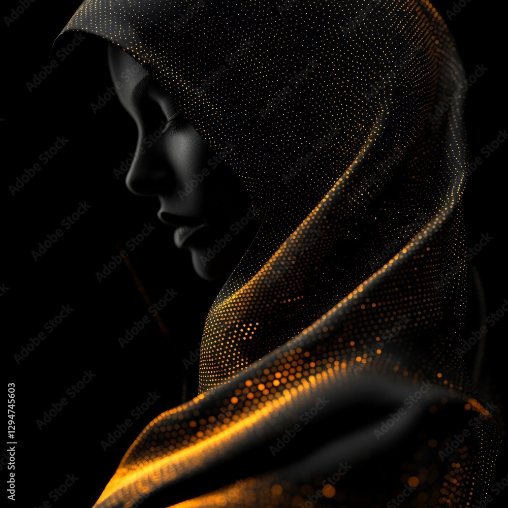 Poster an illustration of a futuristic wireframe background showcasing an anonymous figure in a yellow hood