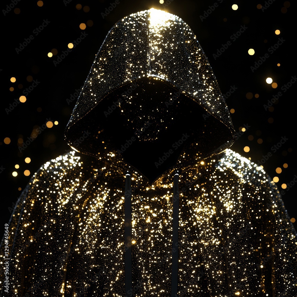 Poster a conceptual background with a futuristic wireframe image and an anonymous hacker in a yellow hoodie