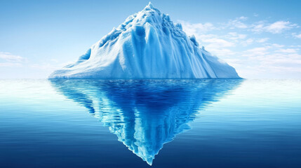 Majestic Melting Iceberg Reflected in Calm Water Under Clear Blue Sky Capturing Serenity and Climate Change Awareness