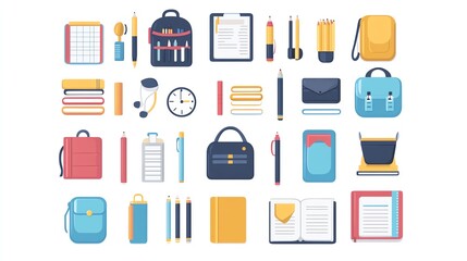 Flat style icon bundle, fifty school supplies, vector illustrations, back to school essentials, books, pens, backpacks, clean, modern design, easily customizable
