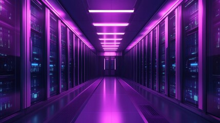 Neon Purple Server Room: A Digital Data Center Corridor