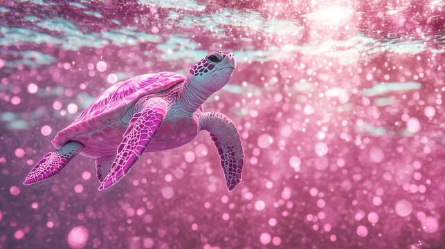 A magical pink cartoon sea animal - a charming turtle with green or blue eyes, set in an underwater sea scene