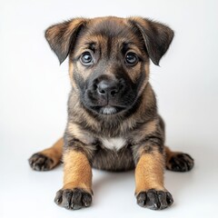 A cute, small pet dog on a white background, isolated. The brown puppy is sitting