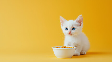 Adorable white kitten with blue eyes sitting near bowl of cat food on yellow background. Concept of pet care, animal nutrition, cute cat, kitten feeding. Copy space