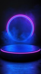 Obraz premium Dynamic neon stage with circular lighting and atmospheric haze, ideal for performances or presentations in an artistic setting