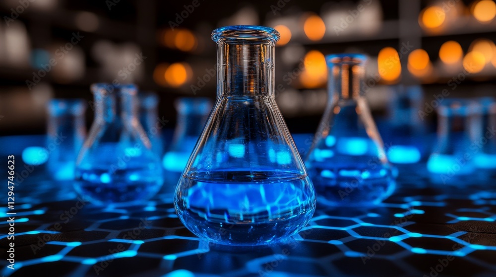 Poster an image of a polygonal lab set against a blue backdrop with blank space for adding text, suitable f