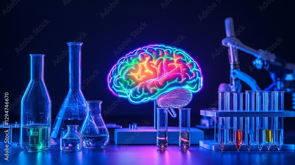 Poster an artistic depiction of a glowing neon brain cortex with a colorful rainbow, representing intellige