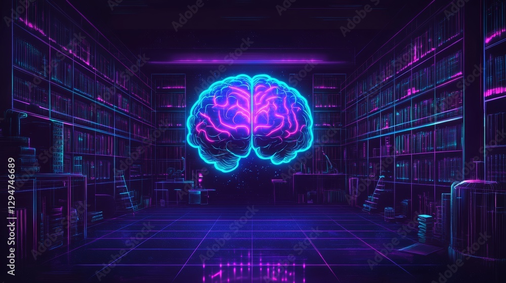 Poster a neon blue brain cortex, illuminated on a dark backdrop, highlighting the connection between intell
