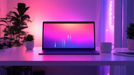 The modern office features a laptop with bar graphs on the screen, a coffee cup, and a smartphone neatly placed on the polished tabletop