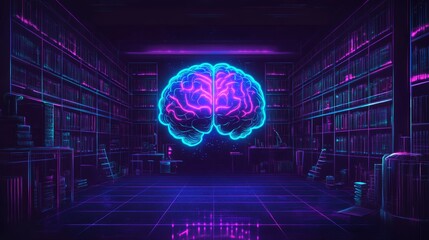 Fototapeta premium A neon blue brain cortex, illuminated on a dark backdrop, highlighting the connection between intelligence, science, anatomy, technology, and innovation in neuroscience