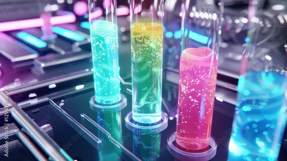 Poster futuristic laboratory with 3d glass progress bars and colorful liquids for tech design