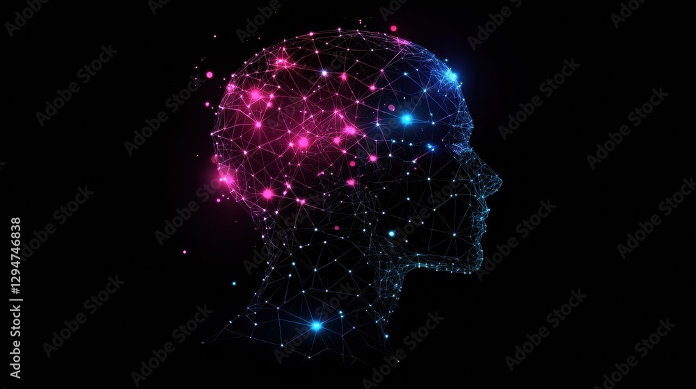 Fototapete Human head silhouette filled with glowing AI nodes and fractal patterns in cosmic cyberpunk environment. Generative AI