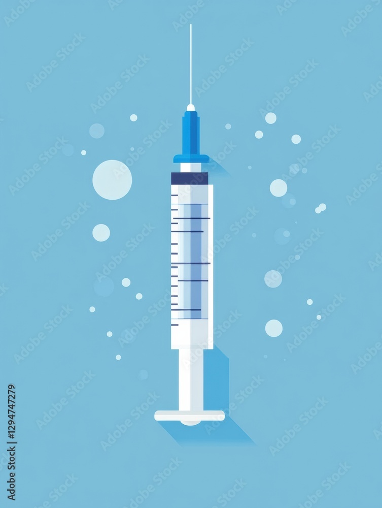 Poster detailed view of a syringe with a blue background and bubbles, highlighting its design and medical p