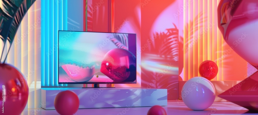 Aufkleber vibrant geometric tv display with dynamic glitch patterns and lighting effects for modern design