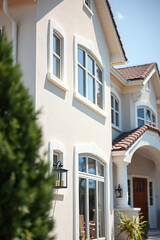 Fototapeta premium Elegant Home Exterior: Modern Architecture and Classic Design. Discover luxury real estate with stunning architecture, featuring large windows and a beautiful facade.