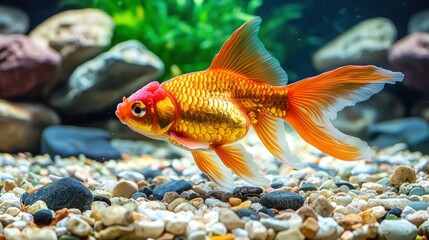 Obraz premium Red-capped goldfish swimming aquarium gravel background