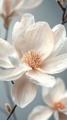 Obraz premium The stunning magnolia flower displays large, creamy petals that curl gracefully around a cluster of delicate stamens. This striking bloom captures the essence of spring's beauty and elegance