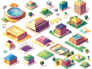 Isometric city map elements featuring small modern school building with schoolyard and stadium, educational building exterior, vibrant vector illustration
