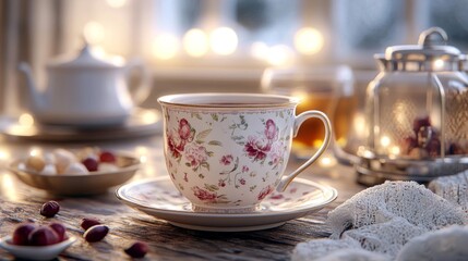 Fototapeta premium A floral teacup sits on a saucer near a teapot and sweets
