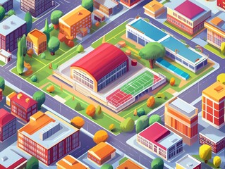 Isometric city map elements featuring small modern school building with schoolyard and stadium, educational building exterior, vibrant vector illustration