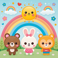 Happy animals, sun, rainbow, flowers, and clouds in a cartoon illustration.
