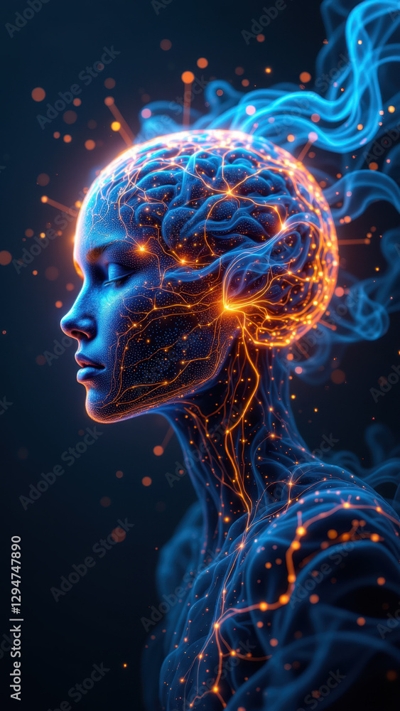 Poster a digital artwork featuring a humanoid figure with an ai-like brain composed of swirling blue and or