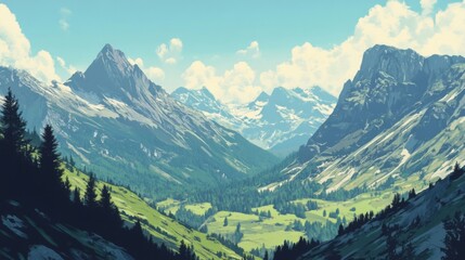 Naklejka premium Picturesque Alpine Valley Landscape with Green Hills and Majestic Mountains under Sunny Sky