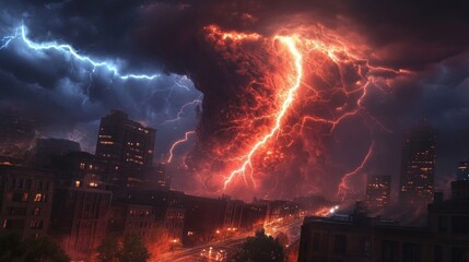 Obraz premium Fiery Red And Blue Lightning Strikes City At Night