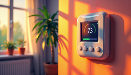 Vibrant digital thermostat adjusting temperature in sunny living room, comfort