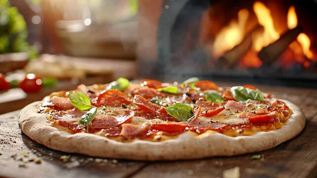 Delicious pizza, outdoor oven, rustic setting