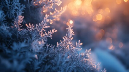 Fototapeta premium Icy Blue and Orange Winter Plants at Sunset