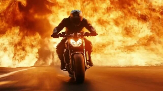 Motorbike rider scene with fiery background, smooth repeating motion for background video animation
