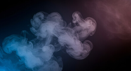 Swirling smoke in blue and pink hues on dark background. Abstract vapor texture. Mysterious atmosphere for design projects. Ethereal visual effect with copy space