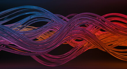 Vibrant intertwined fiber optic cables in blue, purple, and red hues. Abstract technology background with glowing strands. Digital network concept for tech industry visuals