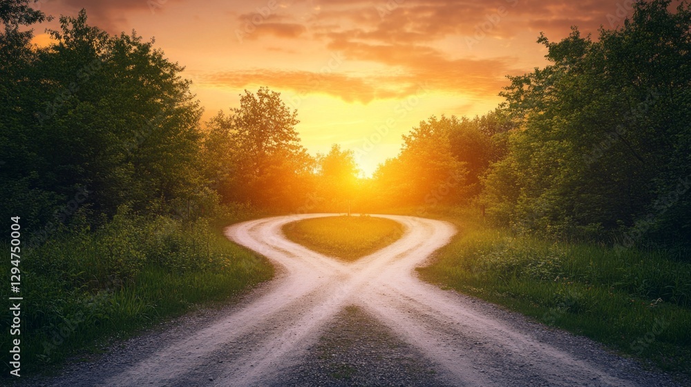 Poster golden rays of the setting sun cast a warm glow over a serene crossroads surrounded by lush greenery