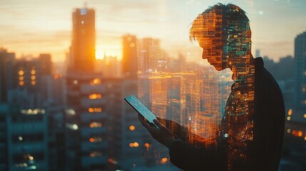 Silhouette Person Using Tablet Cityscape Background Urban Sunset Digital Overlay Modern Technology Business Professional Communication Networking     