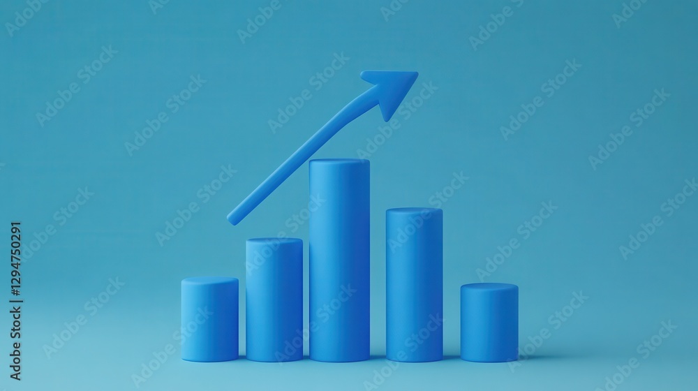 Poster ascending blue bar chart with a bold arrow rising to the top minimalistic and impactful design empha