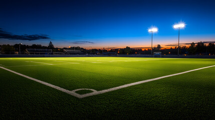 An expansive football field with vibrant turf glowing under powerful stadium lights during a night game.